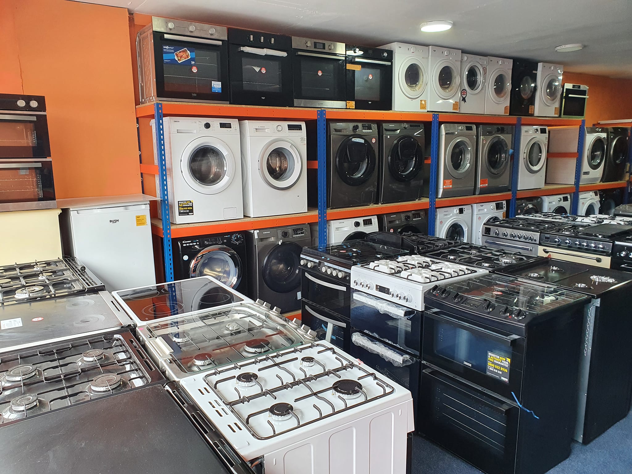 Our showroom floor featuring a range of cookers and washing machines ready for same-day delivery